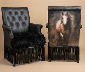 Black Leather Tufted Armchair  with Horse
