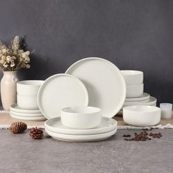 18 PCS Speckled White Stoneware Dish & Bowls Set w/Make-Up Clay, Ceramic Dinnerware Sets for 6