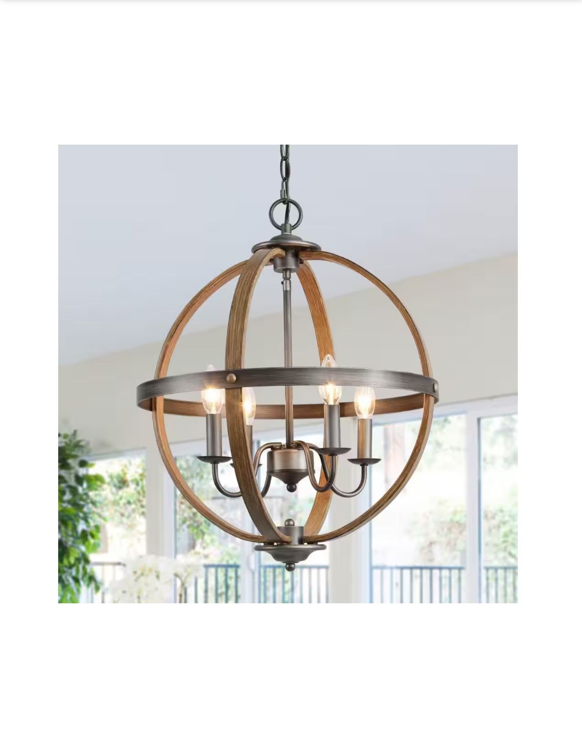 New Rustic Globe Candlestick Brushed Silver Chandelier 4 Light Island Pendant with Wood Accents