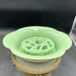 Antique Rare Cowan Pottery 13” Green Planter And Flower Frog