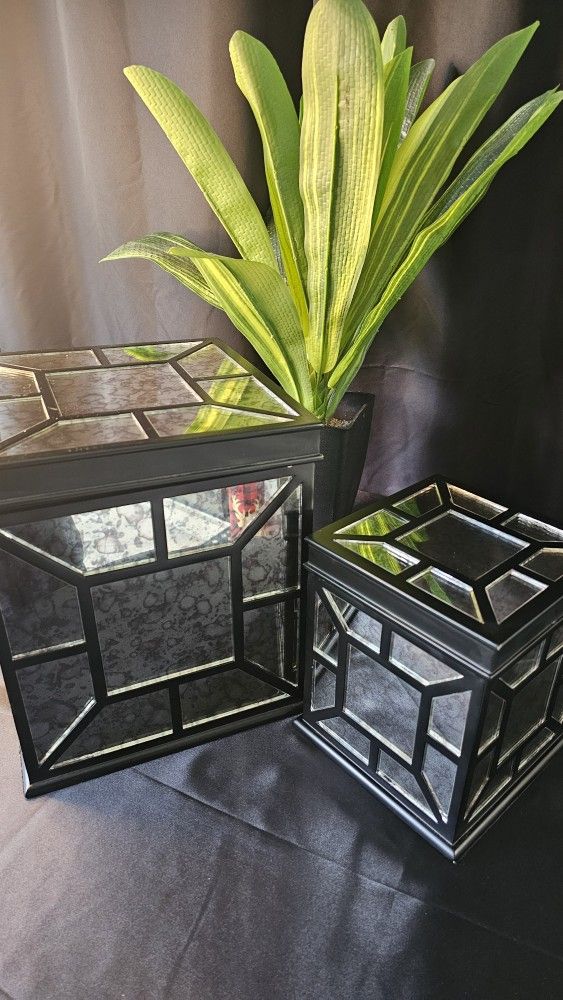 2-Piece Luxury Glass Mirrored Decorative Storage Boxes with Matching Lids, Black