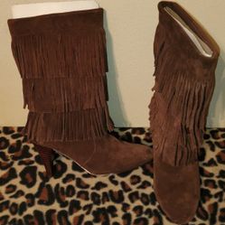 Brown Leather Fringe High Heel Boots By Chinese Laundry