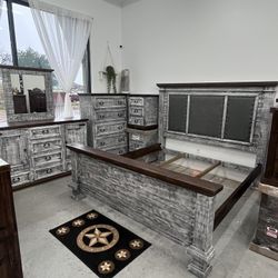 Set Recámara King Gris Vintage 💯% madera sólida