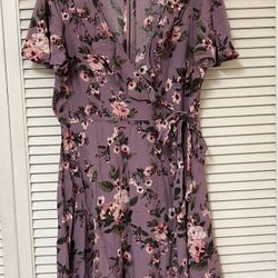 Xhilaration Purple Floral Dress Ruffle Faux Wrap Dress - Size XL - VGUC