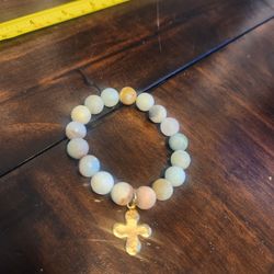 Multicolor Green Jade Beaded Stretch Bracelet with cross
