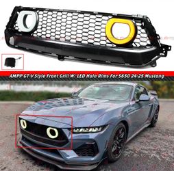 24-25 Ford Mustang GT-V Style Front Grille W/ White Amber LED Halo Ring