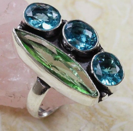 Green Amethyst & Blue Topaz 925 Sterling Silver Plated Gemestone Ring Size 6