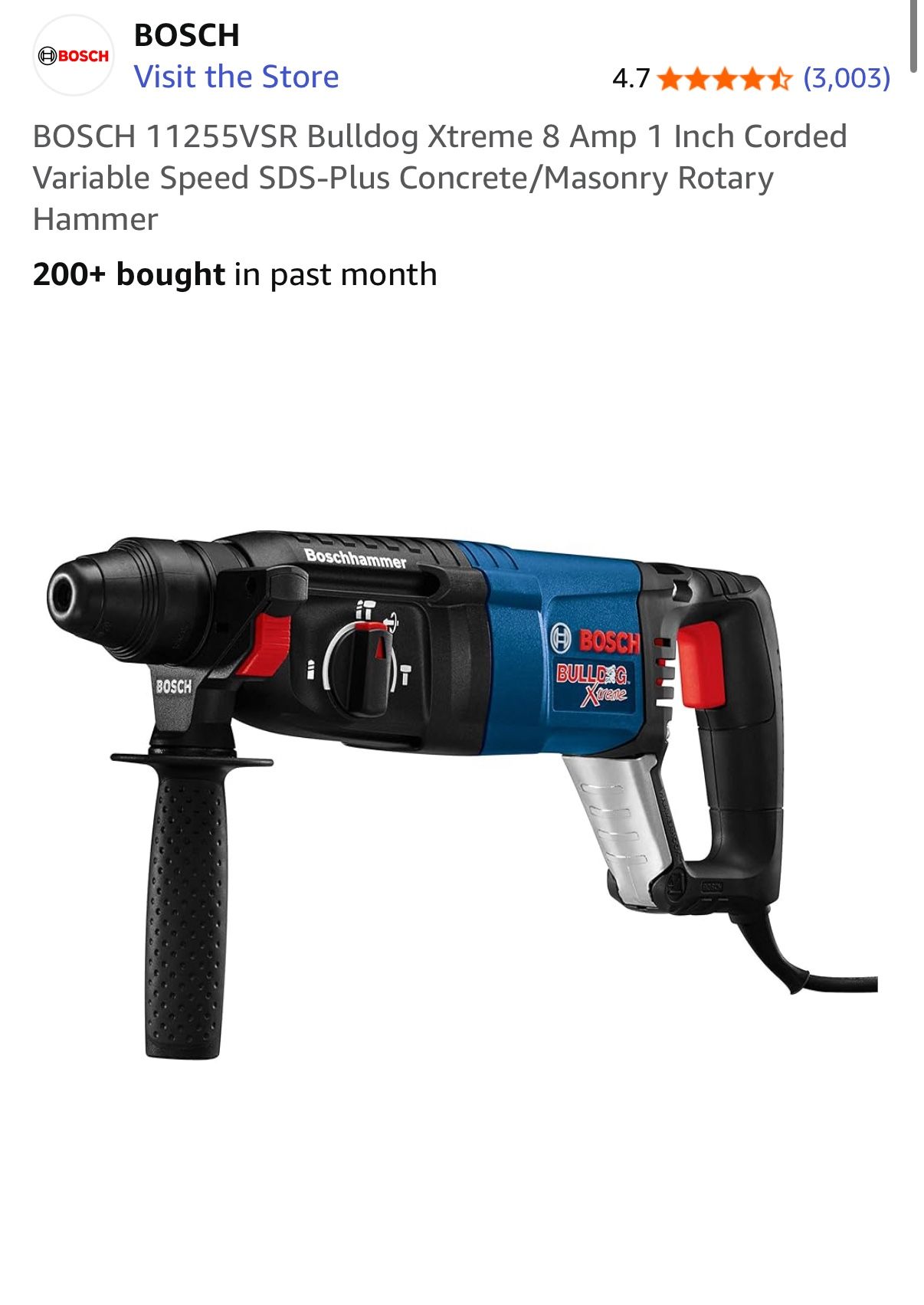 Bosch 11255VSR Bulldog Xtreme 8 Amp 1 Inch Corded Variable Speed SDS-Plus Concrete/Masonry Rotary Hammer