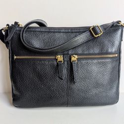Fossil Elise Double Zip Black Pebbled Leather Large Crossbody Shoulder Bag Purse