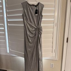 Lauren Ralph Lauren  Metallic Champagne Silver Dress Gown Lined Slit NEW