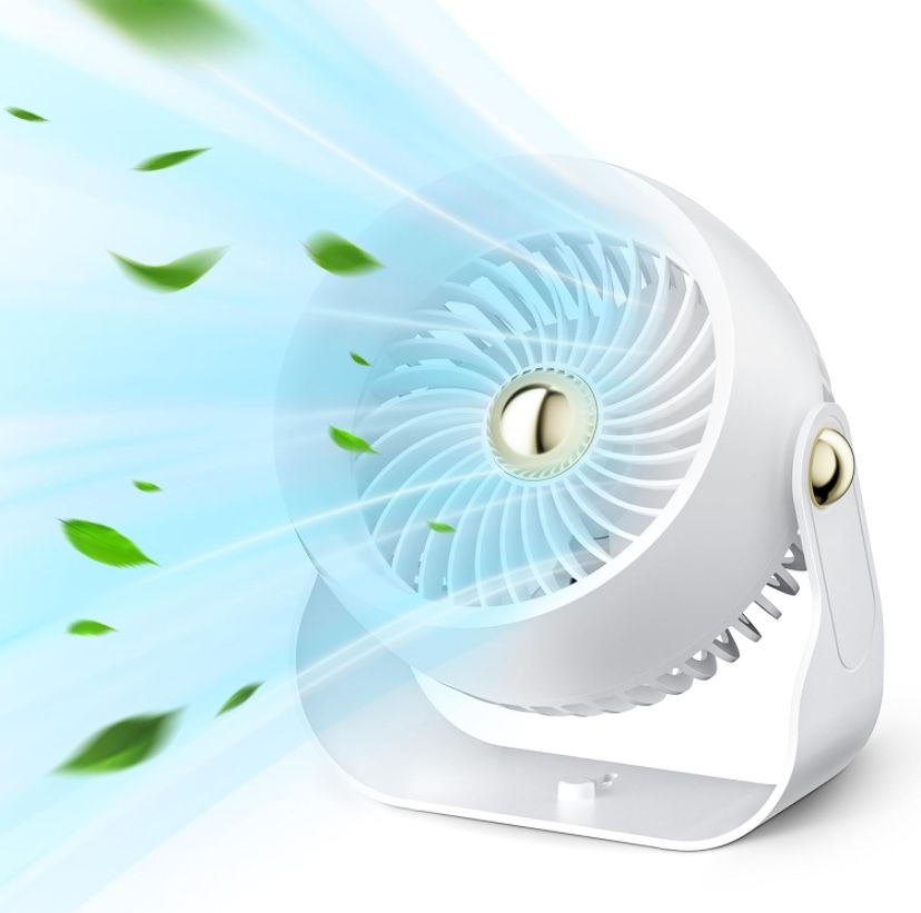 Air Circulator Desk Fan: Rechargeable Table Fan with 6000 mAh Battery - 4 Speed and Timing - 270° Adjustable Quiet Fan for Bedroom/Office/Camp - White