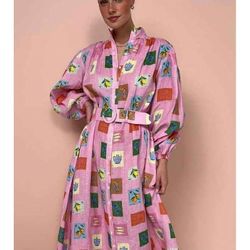Women's Long Shirt Dress with Belt and Buttons and Graphic Print