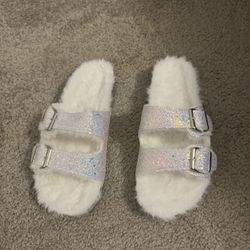 Glitter Faux Fur White Open Toe Slides Size 7