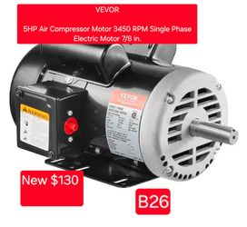 ✨️ VEVOR 5HP Air Compressor Motor 3450 RPM Single Phase Electric Motor 7/8 in. Keyed shaft 230V FLA 22A 56 Frame CW/CCW Rotation #0303