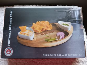  New Bamboo Football Shape Serving Tray w/Dipping Bowls