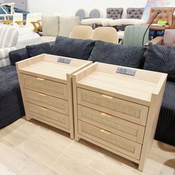Rattan Nightstands Set of 2 Bedside Table - Larger Night Stand with Type-C Charging Station, 3 Drawers Storage, Boho Night Stands End Table for Bedroo