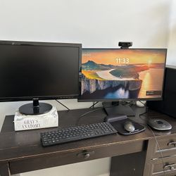 HP Desktop computer (AMD Ryzen 3 - 8GB Memory - 256GB SSD), LG 27 inch desktop display, with HP wired keyboard and mouse. Included Anker powerconf S3 
