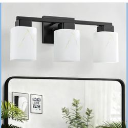 New-3-Light Square Bathroom Light Fixture, Black Modern Vanity Light with White Marble Glass Shade, for Bathroom Mirror, Living Room, Bedroom, Hallway