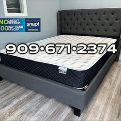 Queen Gray Wingback Button Tufted Bed w. orthopedic Mattress included 