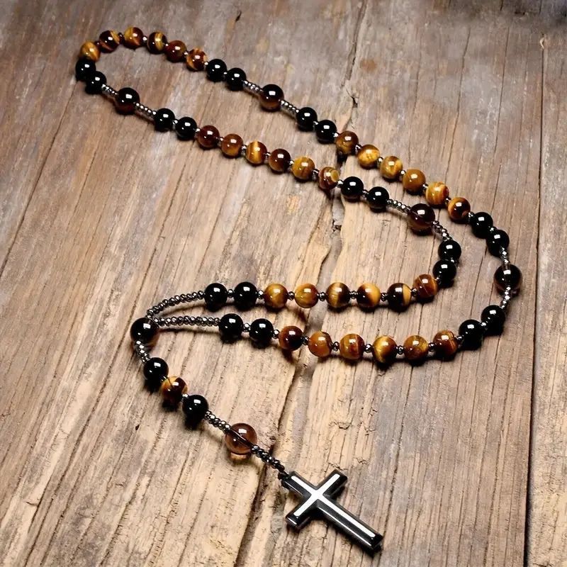 Men’s Natural Stone Tiger Eye Beads And Hematite Cross Necklace.
