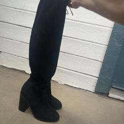Black Suede Block Heel Over-the-Knee Boots