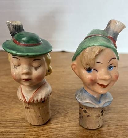 Vtg Pair Character German Hand Pair Ceramic Porcelain Bottle Stoppers