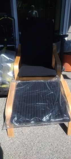 Two chairs with footstools and 3 sets of new cushions