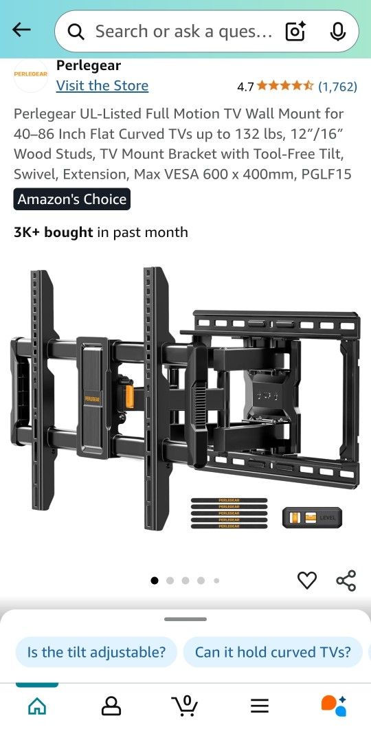 [Perlegear] Full Motion TV Wall Mount for 40–86 Inch Flat Curved TVs up to 132 lbs