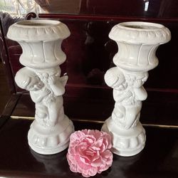 Vintage Cherub White Ceramic Stands Pair