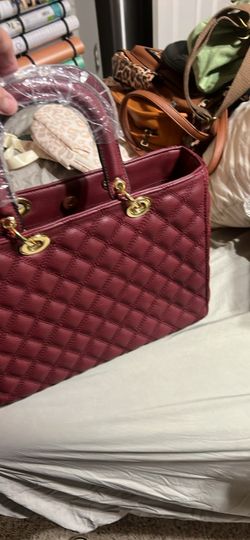 Burgundy Quilted Tote Bag with Gold Hardware