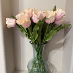 Pink Tulip Flowers With glass Vase