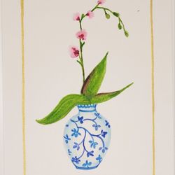 4"x6" Watercolor Painting of Orchid  in a Blue Vase
