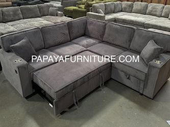 NEW L Shape Sectional with Pullout Sleeper Sofa Bed Couch Under Seat Storage Convertible Sofabed Ashley Sty Discount Furniture Gray Grey Fabric Corner