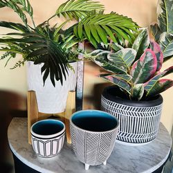 Boho Black & White Planter Set – 4 Pots + Faux Plants Included