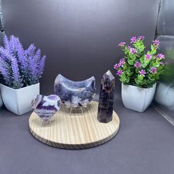 Hand Carved Dream Amethyst Moon 185g 3.9”, Tower 147g 4.3” and Heart 71g 2.1”
