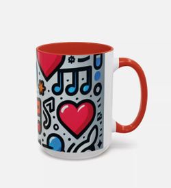 Colorful Music & Love Accent Coffee Mug, Gift for Music Lovers, Unique Beverage