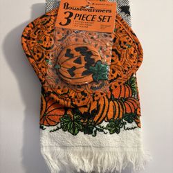 Vintage Halloween Pumpkins Jack Lantern Potholder Kitchen Towel Magnet NOS 3 Set