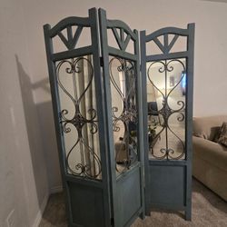 Rustic Style Wooden Room Divider with Mirrored Panels/Ironwork Overlays