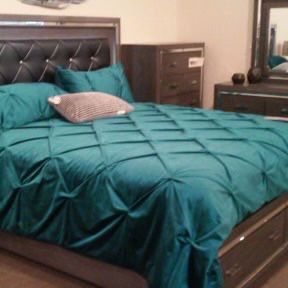 King size upholstered bed, nightstand, and chest 
