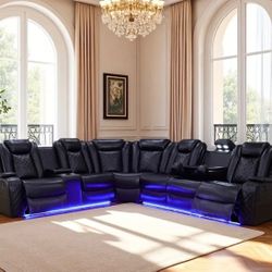All power electric black leather fully reclining sectional couch 