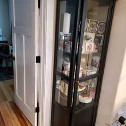 Beautiful  wall  unit in perfect condition with storage on bottom. Glass on 2 sides and glass shelves. 80" Tall 21" wide 15" deep. $125