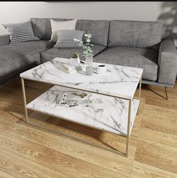  new 2 Tier White Faux Marble Print Coffee Table