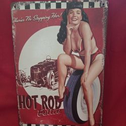 12" By 8 Metal Tin Sign Retro Hot Rode Bettie