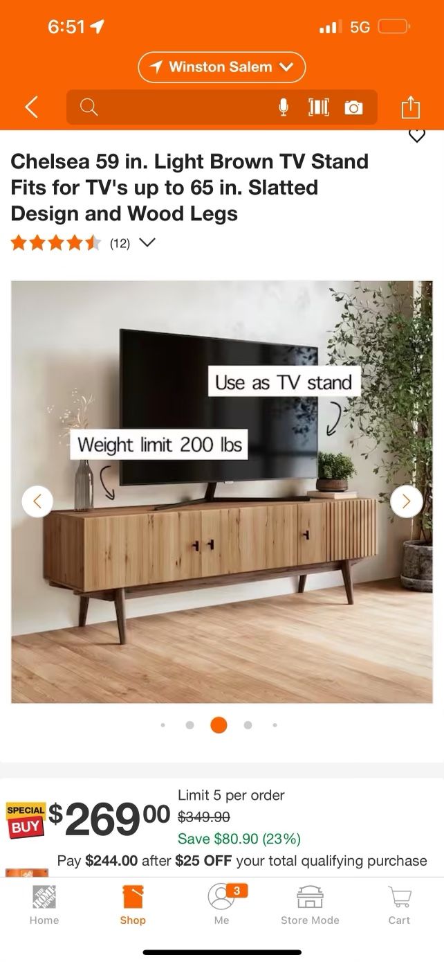 Chelsea 59 in. Light Brown TV Stand Fits for TV's up to 65 in. Slatted Design and Wood Legs