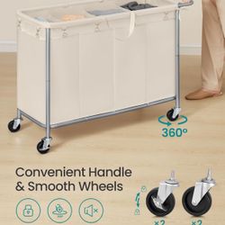 Laundry Basket with Wheels, 4-Section Rolling Laundry Hamper, 68.6 Gallons (260 L), Removable Liner, Steel Frame with Handle, 43.3 x 15.4 x 31.9 Inche