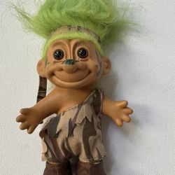 Vintage Cave Man Boy Troll Doll 5” Tall Green Hair Camouflage Camo Outfit & Face