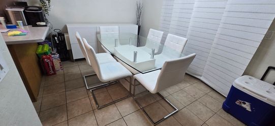 Glass Top Dining Table with 6 White Chairs and cavinet