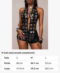 Women's asymmetric halter leather blouse with eyelet detailing, a bow, and an open back.