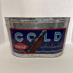Coca-Cola Oblong Galvanized Metal Painted Ice Bucket Tub Tote 16” x 9.75 