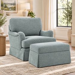 32''W Fabric Swivel Accent Armchair with Storage Ottoman, Smoke Blue Green